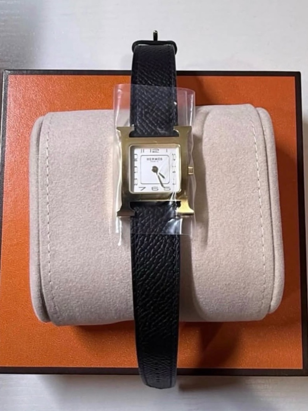 Hermes Black Leather Strap Watch with Gold Case